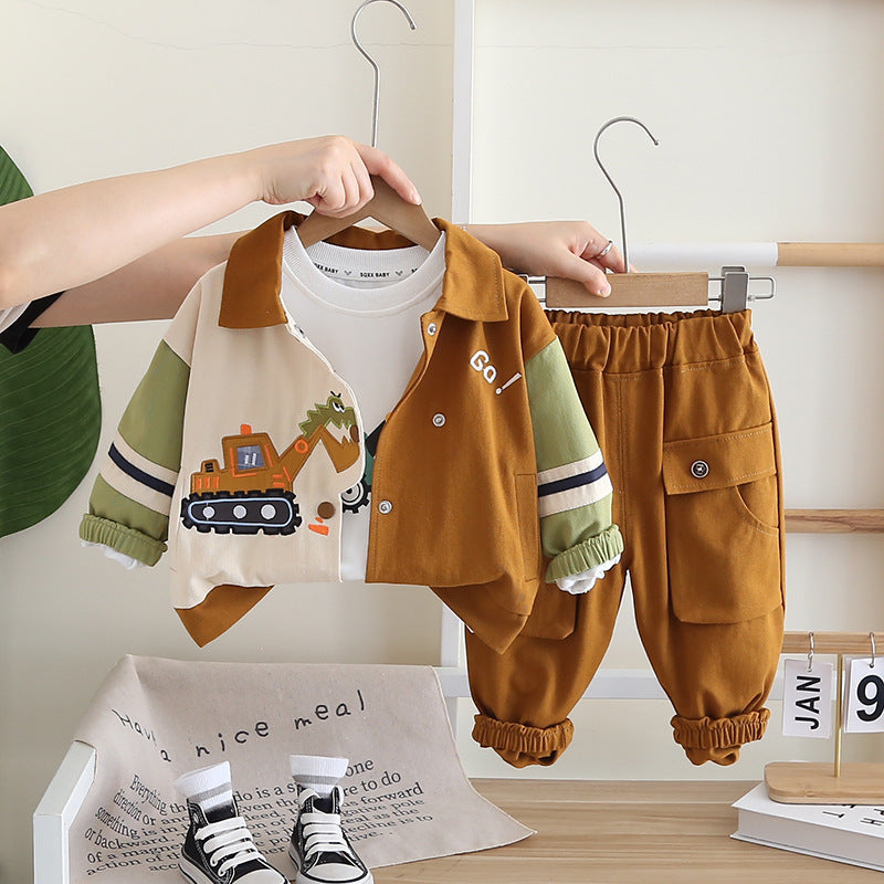 Boys' Autumn Dress Foreign Style Cartoon Digger Three-Piece Suit Baby's Autumn Handsome Baby Clothes Trendy Children's Foreign Style