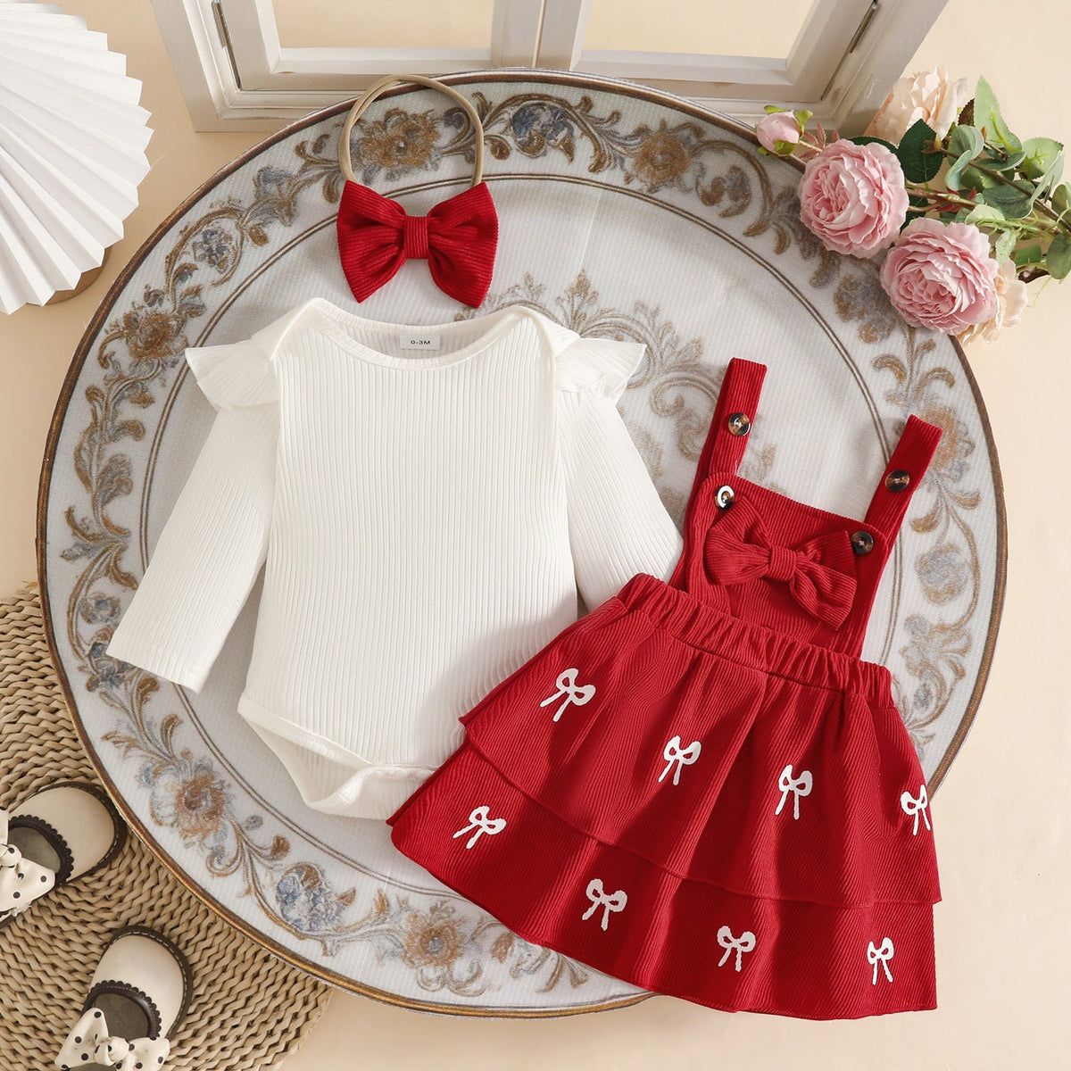 European and American Style 0-2 Years Old Baby Girl Autumn and Winter Ribbed Long-Sleeve Romper + Double-Layer Suspender Skirt + Bow Headband Set