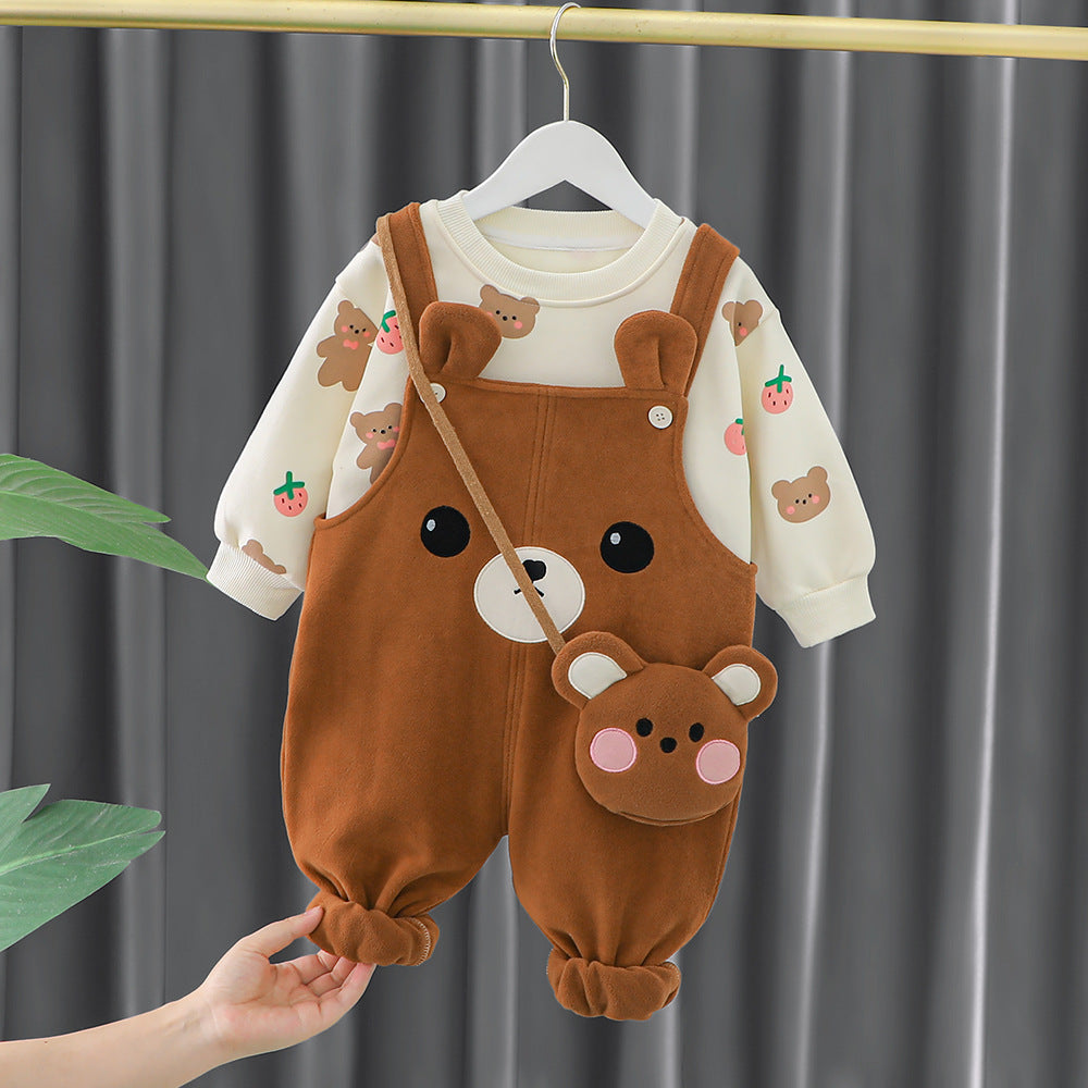 Baby girl's overalls suit autumn and winter style western style 0 baby children's clothes 3 children's clothing one-year-old girl fleece-lined two-piece suit