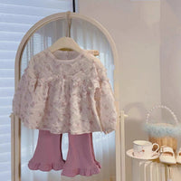 Korean Children's Clothing Girls' Suit Western Style Baby Girl Autumn Bubble Sleeve Floral Top + Lace Pants Two-piece Set