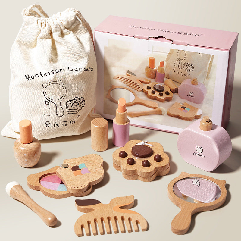 Children's Wooden Cosmetic Bag Eye Shadow Lipstick Perfume Cosmetics suit Little Girl Play Home Educational Toys