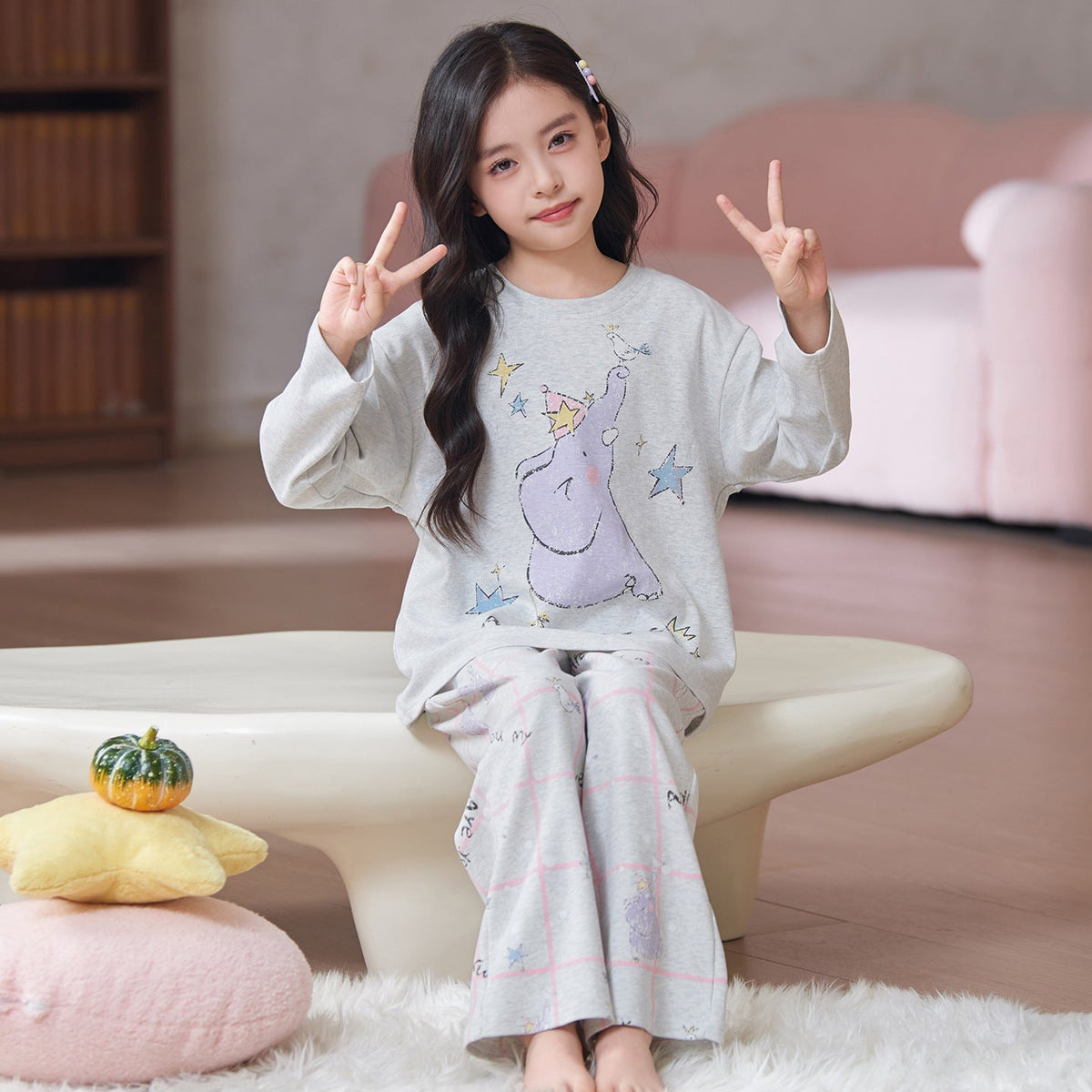 Children's Pajamas 2026 New Model Pure Cotton Long Sleeve Long Pants Spring and Autumn Girls' Cartoon Homewear Set for Older Kids