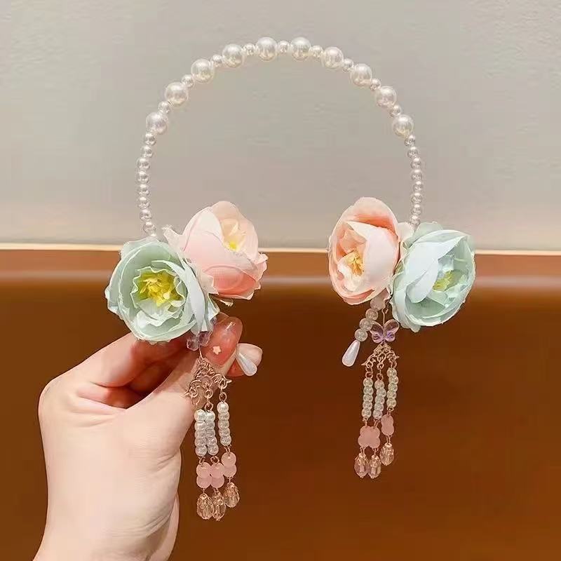 Children’s Traditional Chinese Style Headband, Hair Accessories for Girls—Floral Beaded Tassel “Immortal” Chic, Hanfu Headband Hair Clips