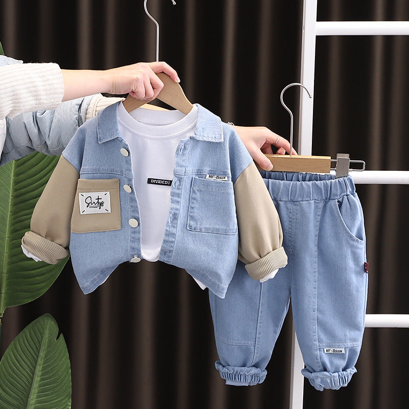 Children's clothing boys spring and autumn suit 2025 new fashionable baby contrast color Denim long sleeve three-piece set a generation of hair