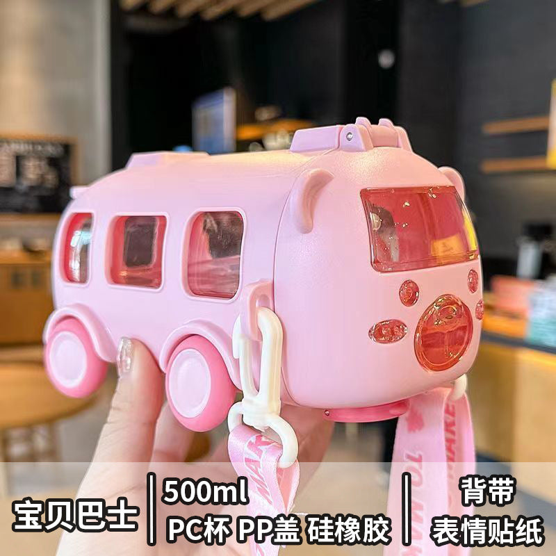 Children's Water Cup Summer Cartoon Car Baby Bus Straw Cup Female High-Looking Convenient Outdoor Bouncing Cup