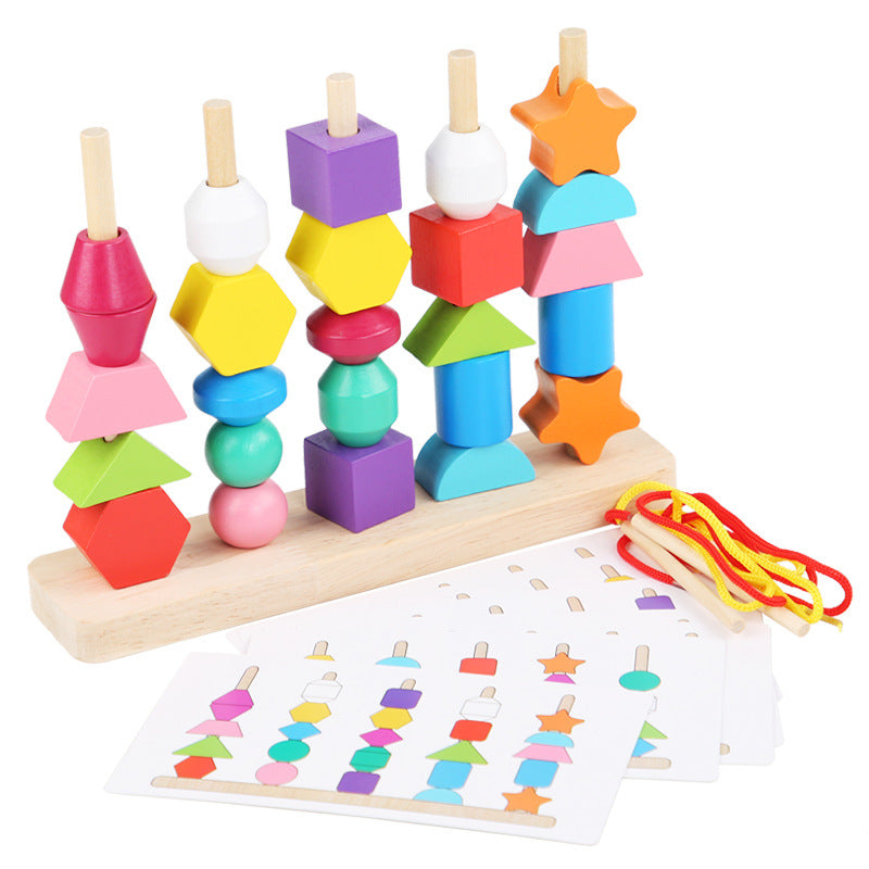Children's geometric wooden beaded five sets of column color classification Enlightenment early education shape cognition rope puzzle toys