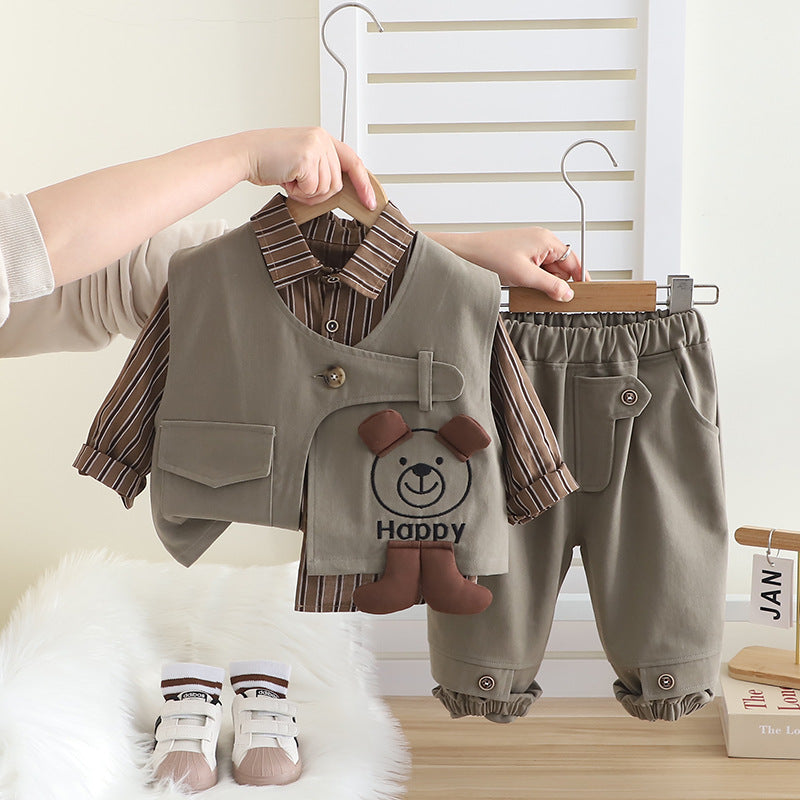 Boys' Stylish Workwear Vest and Shirt Three-Piece Set for Spring and Autumn, Trendy Children's Clothing with Cartoon Designs for Babies
