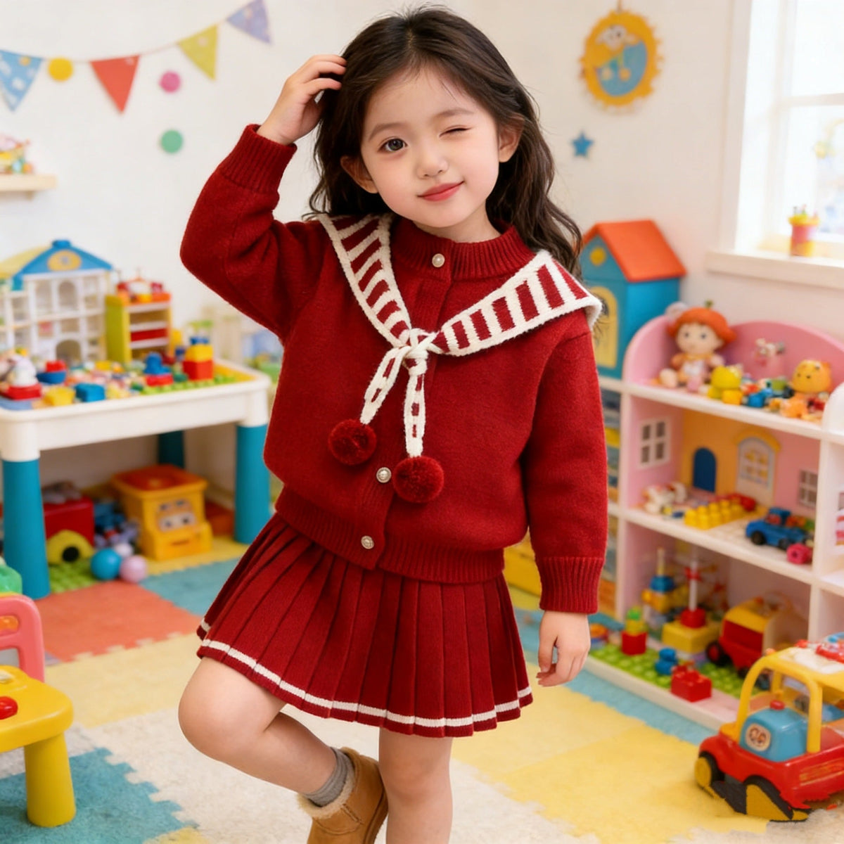 Children's Sweater Suit Autumn and Winter New Baby Girl Stripesd Shawl Knitted Cardigan Skirt Korean Style Western Style Princess Skirt