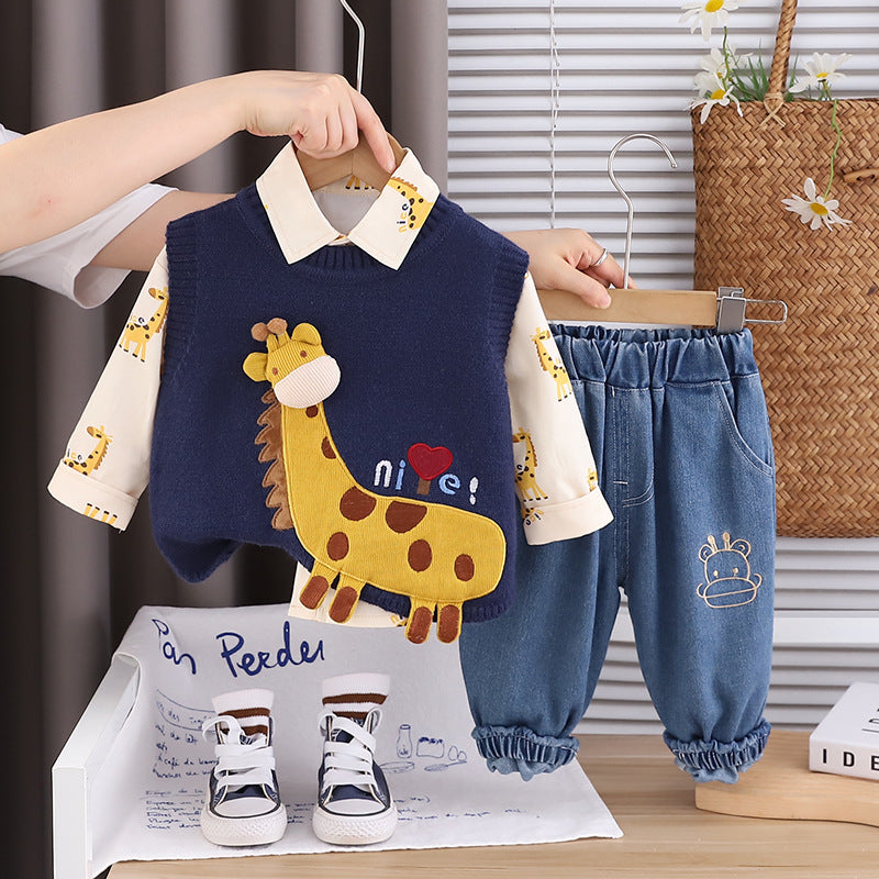 Free Shipping Boys Spring & Fall Clothing Set New Giraffe Sweater Vest Three-Piece Set 1-5 Years Old Baby Fashionable Children's Clothing