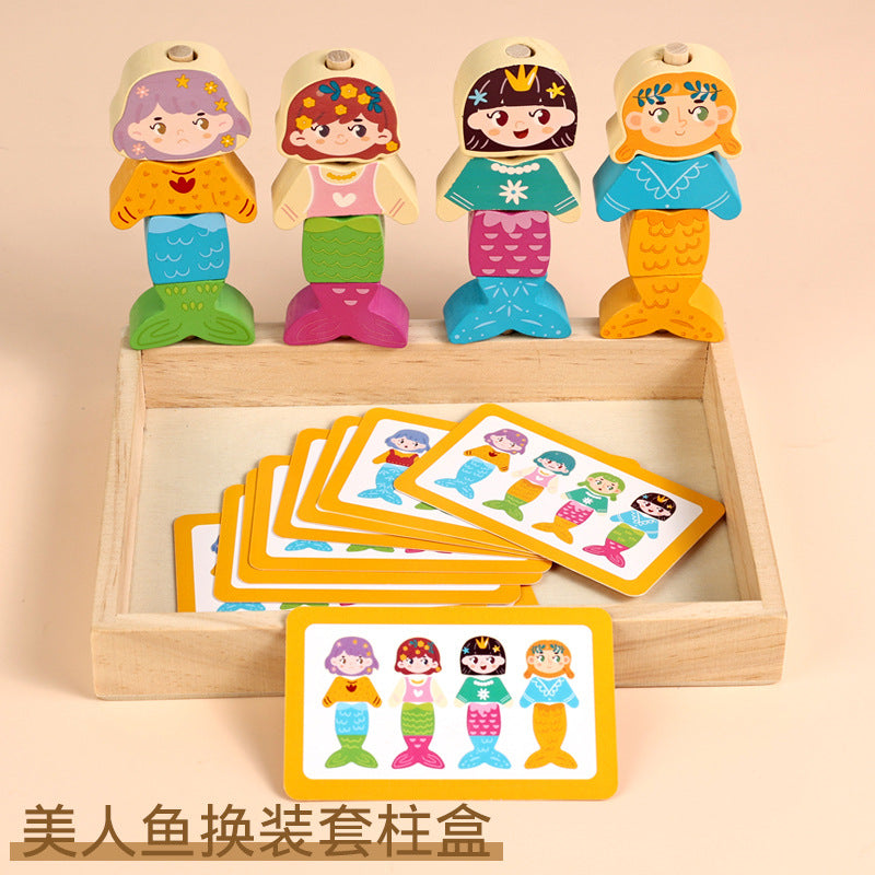 Children's geometric wooden beaded five sets of column color classification Enlightenment early education shape cognition rope puzzle toys