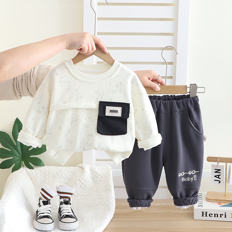 Spring new Korean children's clothing boys pocket round neck long sleeve children's suit 0-5 years old two-piece children's clothes