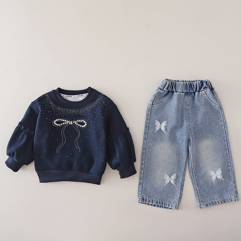 Girls' sweatshirt autumn outfit 2026 new model baby spring and autumn bow two-piece set infant children's clothing