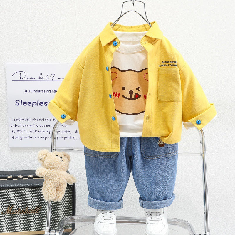 Free Shipping Yikids Men's New Spring and Autumn Baby Fashion suit Korean Style Shirt Jacket Long Sleeve Three-Piece Set