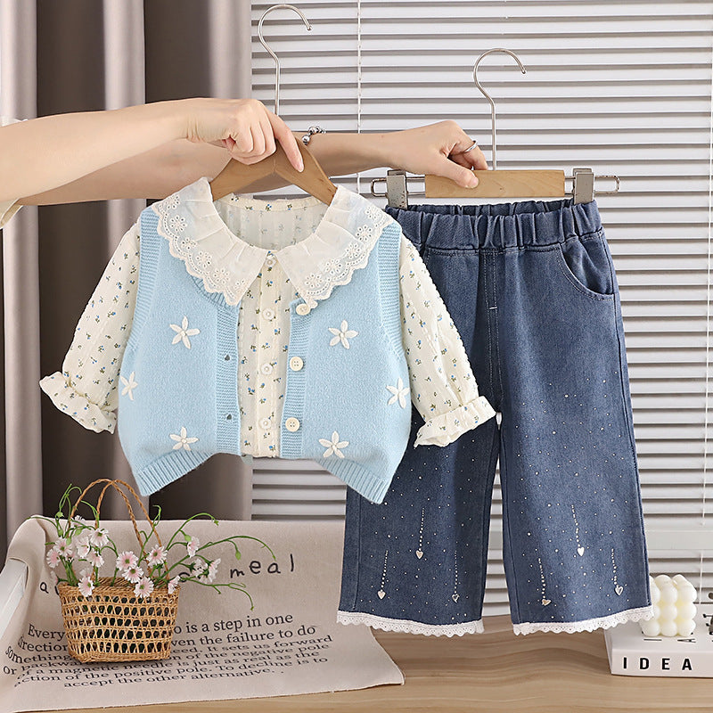 2026 New Children's Autumn Outfit for Girls: Floral Sweater, Vest, and Three-Piece Set for Toddlers - Stylish Children's Clothing Wholesale