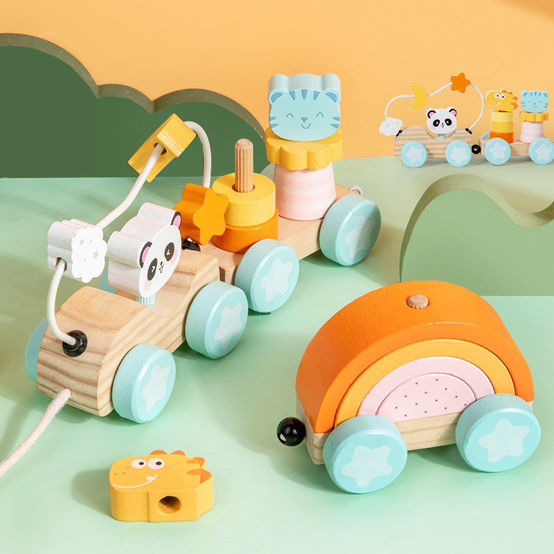 Children's Wooden Animal Three-Section Pull-Along Train Early Education Multifunctional Stacking Toy with Matching Pairs and Educational Features