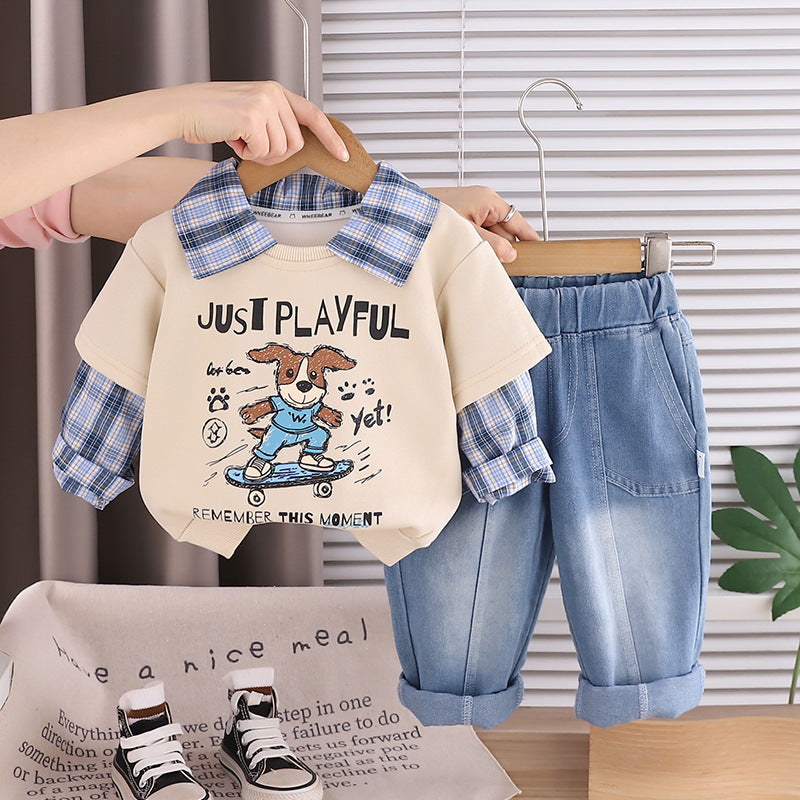 2026 New Children's Clothing Boys' Outfit Spring Fashion Stylish Skateboard Dog Plaid Two-Piece Set for Toddlers and Kids