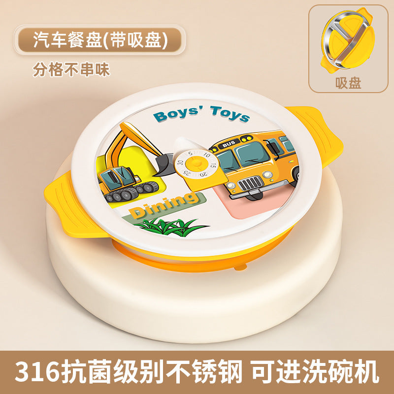 316 Stainless Steel Children's Dinner Plate, Cute Dinosaur Car-Shaped Divided Plate with Suction Cup to Prevent Falling, Baby Anti-Fall Plate