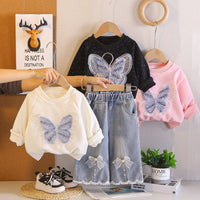 Spring Style Baby Butterfly Round Neck Sweatshirt Set 2026 New Casual Stylish Long-Sleeve Long Pants Two-Piece Set for Girls