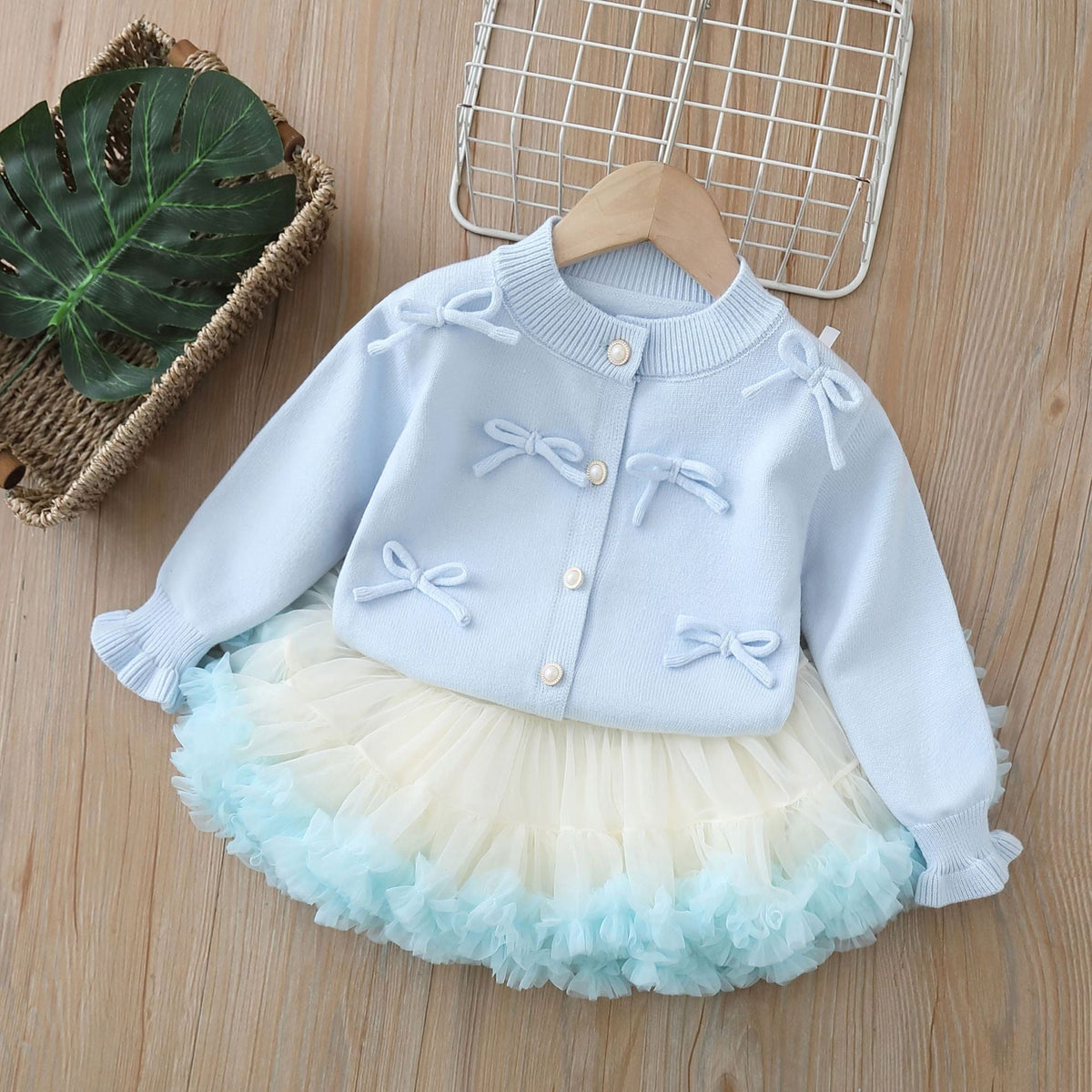 Girls Spring Two-Piece Set - Aisha Princess Group Tutu Skirt Autumn and Winter New Baby Girl Korean Style Knitted Cardigan