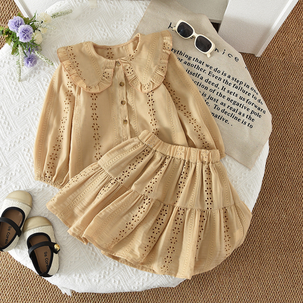 Spring New Cross-Border Style Girls' Korean-Style Children's Clothing Doll Collar Floral Embroidery Top and Short Skirt Two-Piece Casual Set