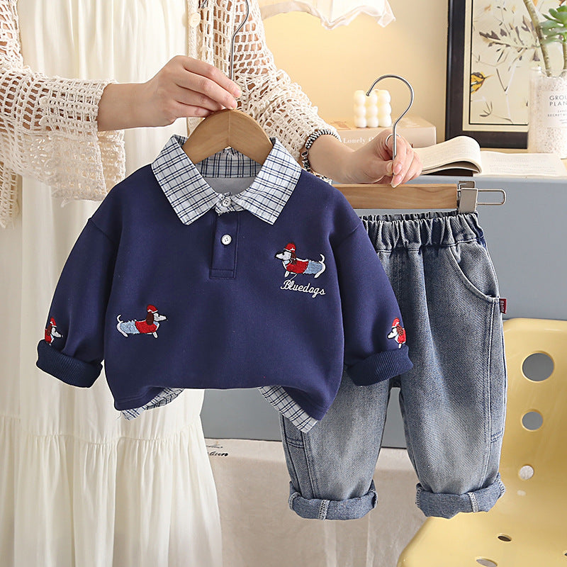 2026 New Boys' Autumn Outfit Set Children's Spring and Autumn Turn-down Collar Sweatshirt Long Sleeve Two-piece Baby Clothes Wholesale