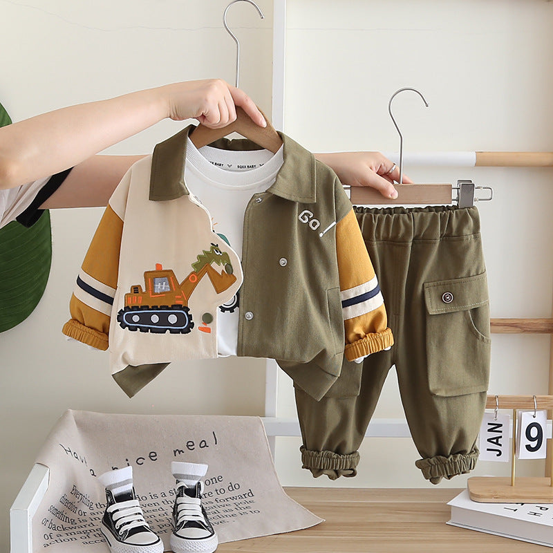 Boys' Autumn Dress Foreign Style Cartoon Digger Three-Piece Suit Baby's Autumn Handsome Baby Clothes Trendy Children's Foreign Style