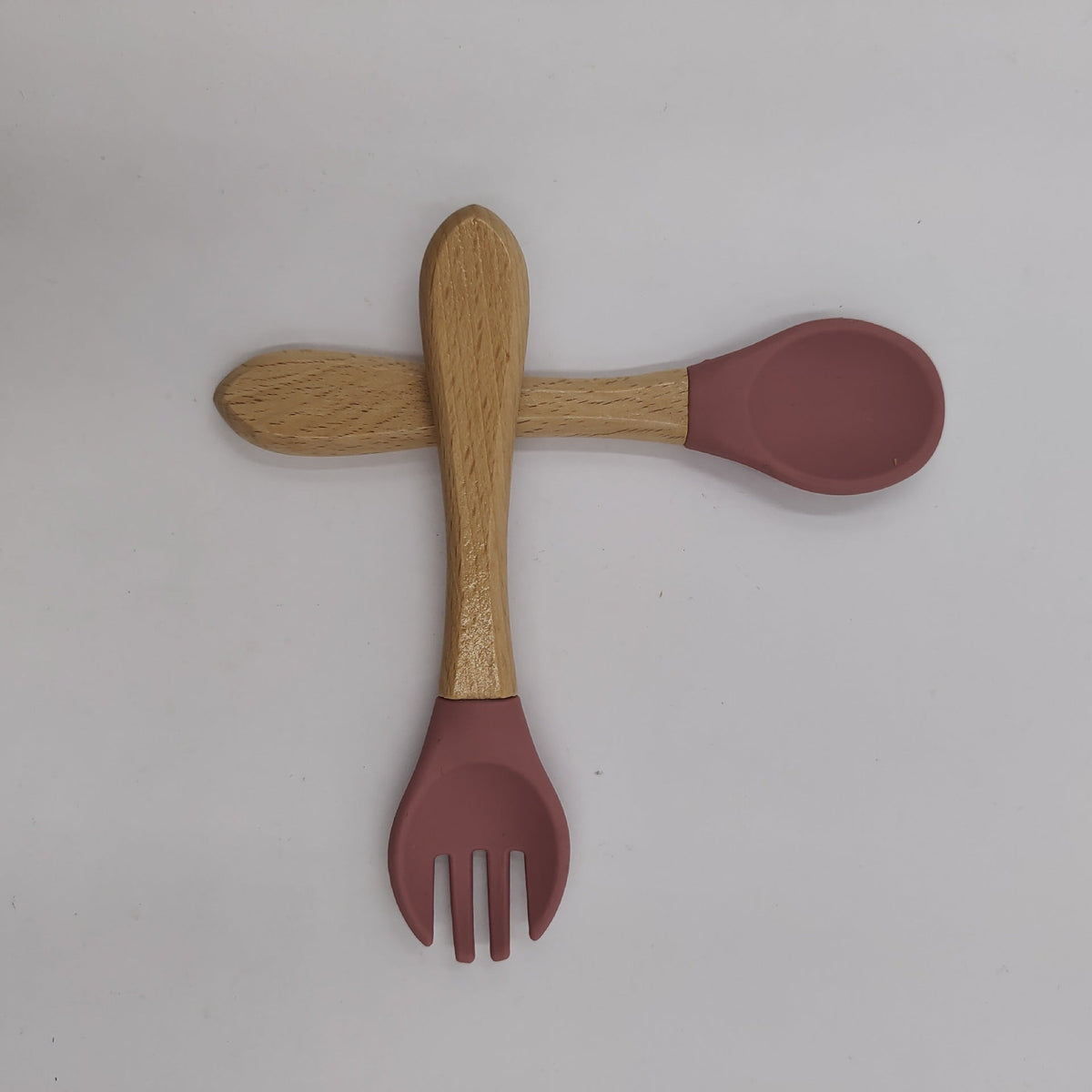 Manufacturer Aliexpress Cross-Border Ready-Stock Children's Eating Training Spoon Wooden Handle Fork Silicone Soft Spoon Silicone Wood Combination