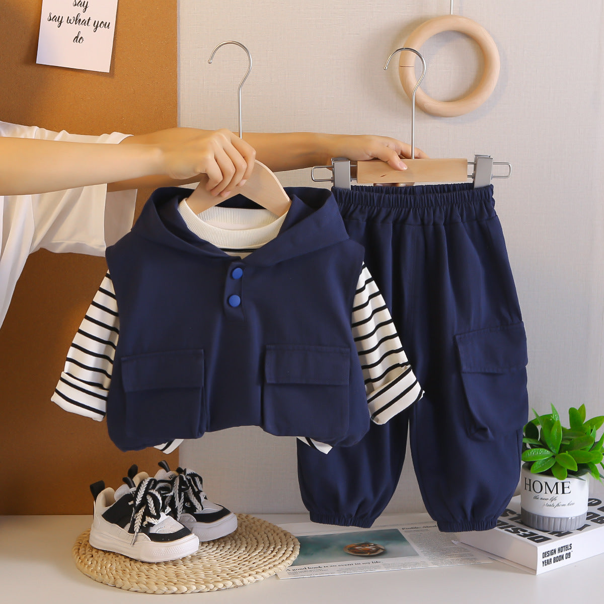 Children's Autumn Outfit 2026 New Style Boys' Stylish 0-5 Years Old Hooded Striped Workwear Vest Three-Piece Set Children's Clothing