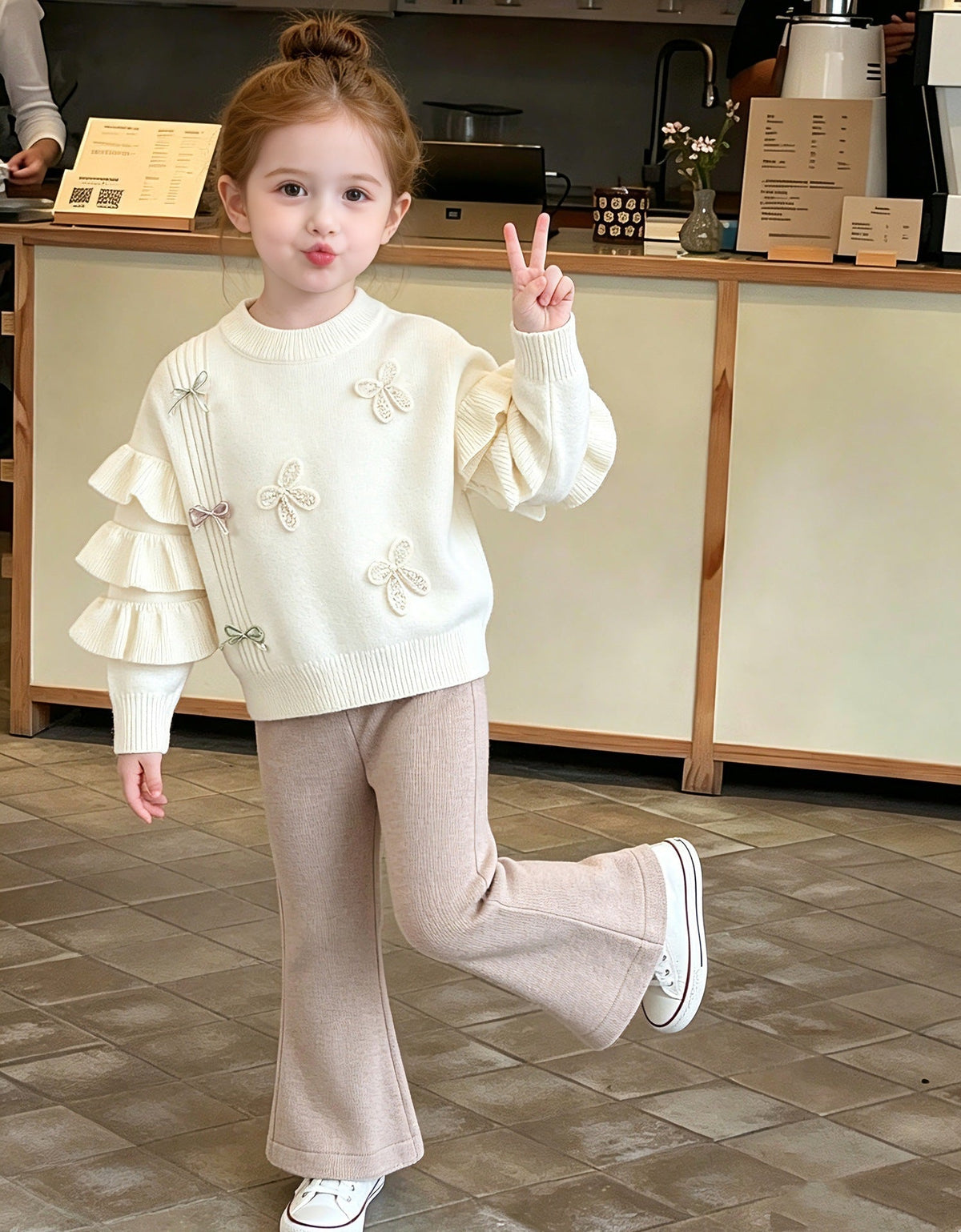 Children's Sweater Set with Sweet Lace Sleeves, Knitted Pants, Korean Style Stylish Flared Pants, Round Neck Sweater Set for Baby Girls