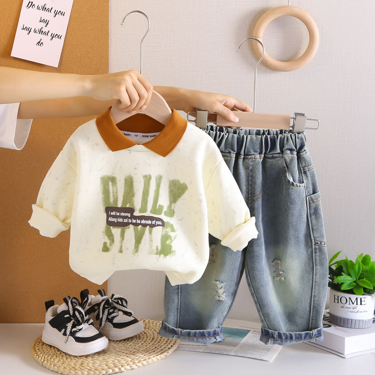 2025 Autumn New Boys Lapel Long Sleeve Suit Baby Boy Casual Denim Trousers Two-Piece Set One Piece Dropshipping