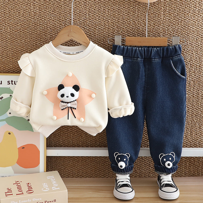 Children's clothing 2024 autumn and winter new Korean children's suit five-pointed star bear girls fleece-lined long sleeve two-piece autumn clothing