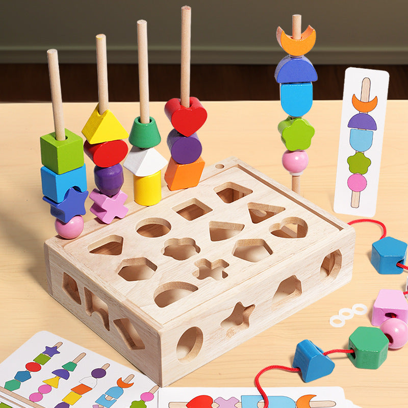 Children's geometric wooden beaded five sets of column color classification Enlightenment early education shape cognition rope puzzle toys