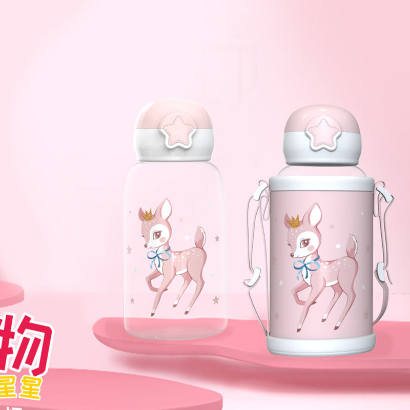 Manufacturer Wholesale Internet Celebrity Antler Cup Summer Outdoor Portable Strap Plastic Water Cup Children's Cartoon Straw Cup Customization
