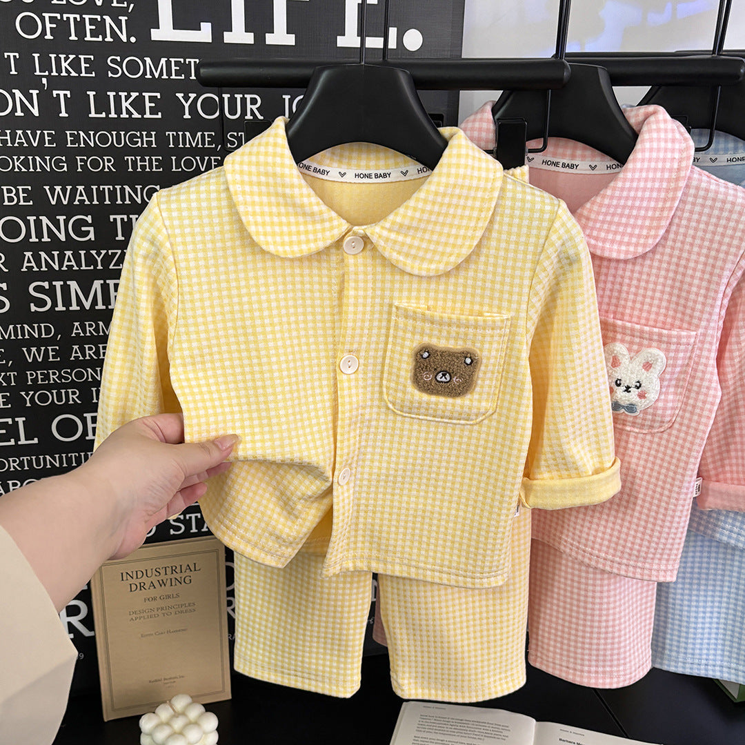 2026 Autumn Collection Children's Home Wear Set New Brushed Velvet Long Sleeve Plaid Pajamas Spring and Autumn Wholesale