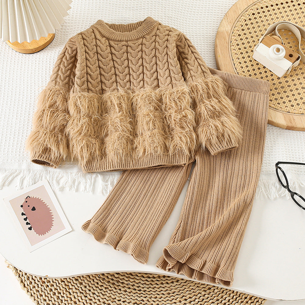 Girls' New Autumn and Winter Hemp Flower Woolen Sweater Women's Treasure Two-Piece Knitted Woolen Mink Crewneck Flared Pants suit