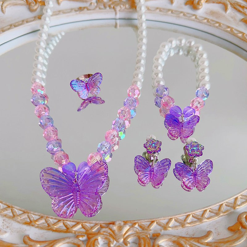 Children's Necklace, Earrings, Ring Set, Butterfly Cute Cartoon Girl Princess Jewelry Set, Necklace Necklace