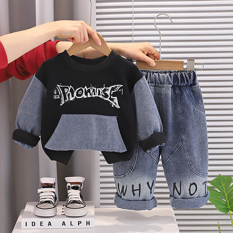 Boys' Spring Outfit Korean Style Children's Stylish Letter Color-Blocking Sweatshirt 2026 New Model Baby Spring and Autumn Two-Piece Set Trendy