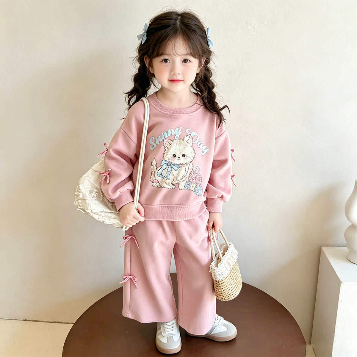 Korean-Style Ins Cat-Themed Girls' Outfit, Spring and Autumn Children's Bow Sweatshirt and Wide-Leg Pants Two-Piece Set, Export Children's Clothing