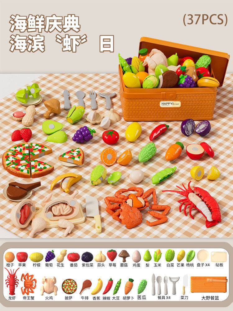 Children's Pretend Play Fruit, Vegetable, and Seafood Toys, Peelable and Chewable, Realistic Kitchen Playset, Birthday Gift