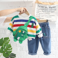 Children's autumn clothing boys and girls 2022 autumn clothing boys suit striped round neck jeans two-piece set with bag