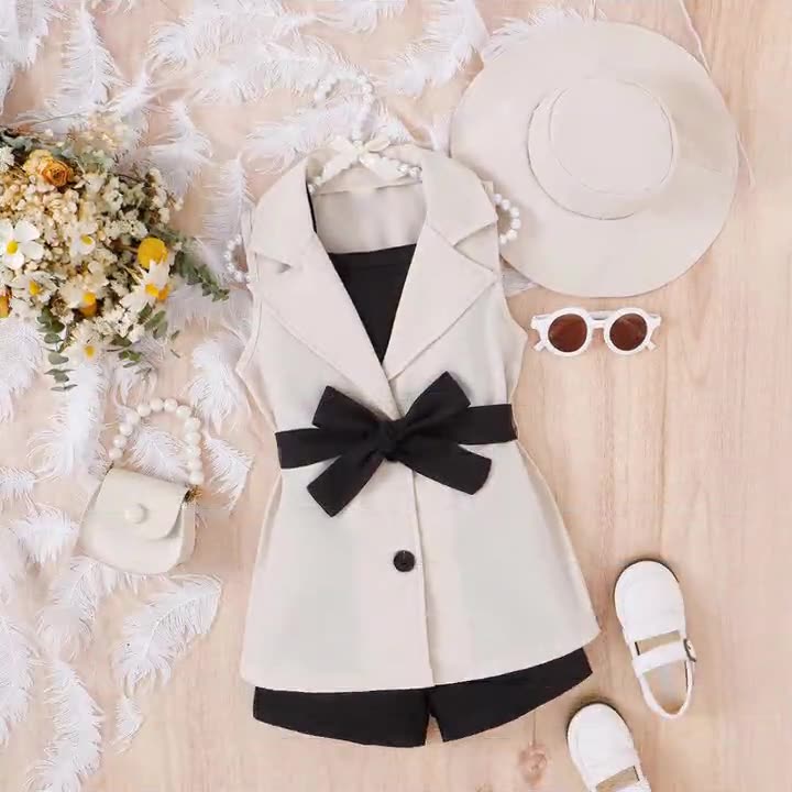 Girls 4 piece suspender suit set Bangladesh sleeveless top shorts jacket hat fashion outfit for kids