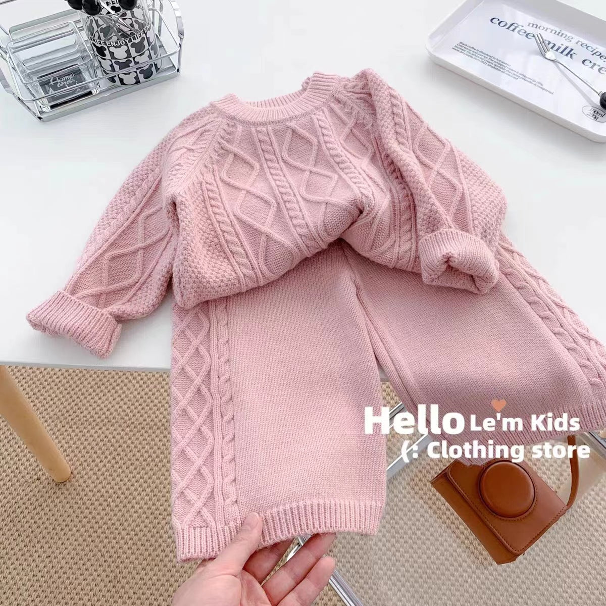 Girls' Korean-style Sweater suit Autumn and Winter New Children's Western-style Solid Color Knitted Pullover Crochet Trousers Two-piece Set