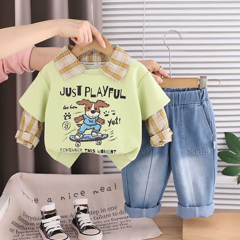 Boys Spring and Autum Suit 2026 New Style Kidsren's Cartoon Lapel Splicing Baby Casual Clothing Two-Piece Set