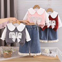 Children's Spring and Autumn Clothing 2026 New Style Girls' Stylish Letter Bow Sweater Three-Piece Set Baby Korean Style Trendy Outfit