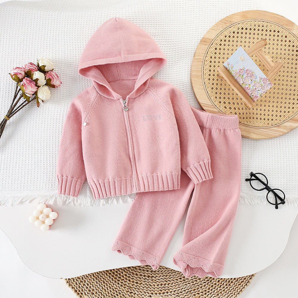 Children's Sweater Suit Autumn and Winter New Style Baby Girl Hooded Zipper Knitted Cardigan Sweater Pants Korean Style Fashionable