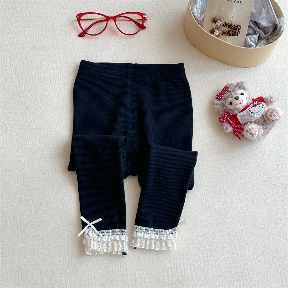 Sweet Xiaosi Girls' Leggings Autumn Lace Bow Children's Leggings Pure Cotton Baby Pants Stylish Outerwear