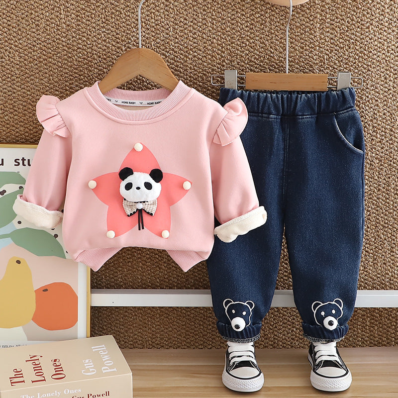 Children's clothing 2024 autumn and winter new Korean children's suit five-pointed star bear girls fleece-lined long sleeve two-piece autumn clothing