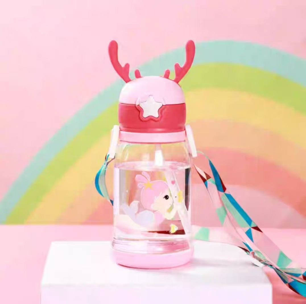 Cute Children's Straw Cup, Antler Cup, Plastic Cup, Summer Baby Water Cup, Portable, Anti-Fall, Wear-Resistant, Student-Specific