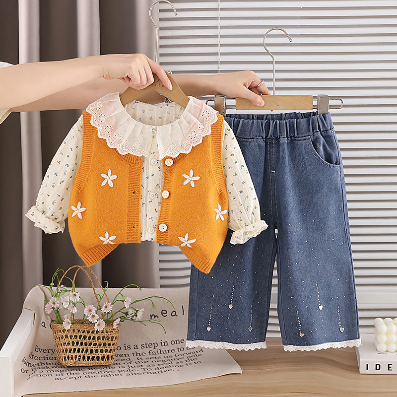 2026 New Children's Autumn Outfit for Girls: Floral Sweater, Vest, and Three-Piece Set for Toddlers - Stylish Children's Clothing Wholesale