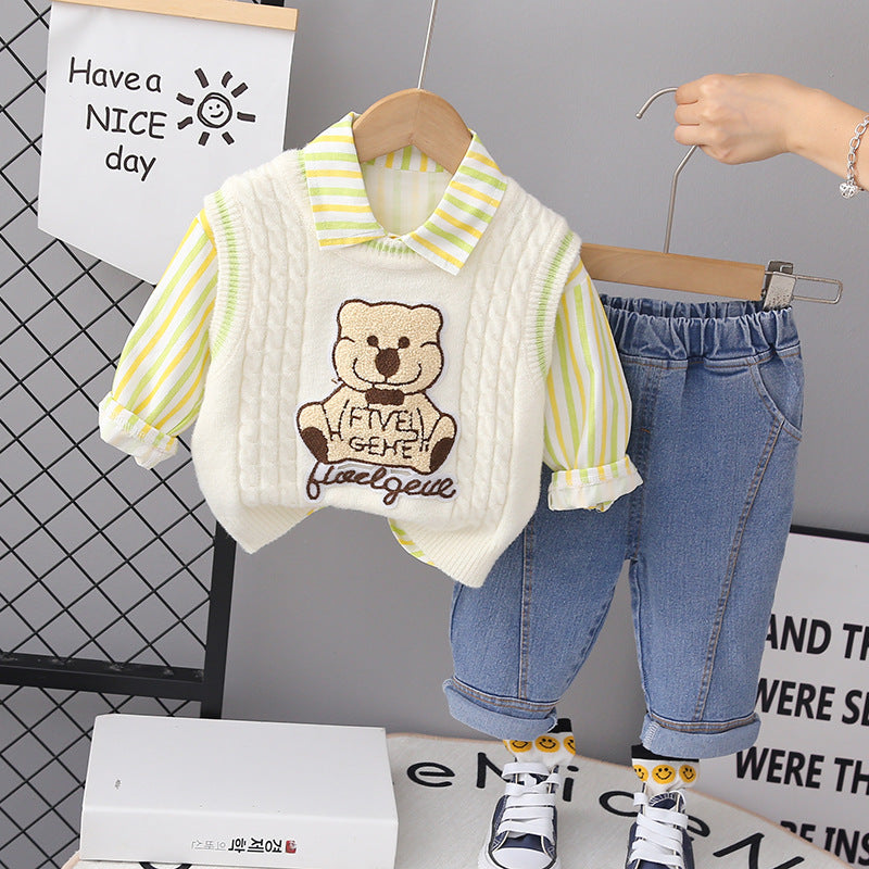 Free Shipping Yikids Boys' Suit New Kidsren's Autumn Clothing Bear Sweater Vest Shirt Three-Piece Set Fashionable Kidsren's Clothing